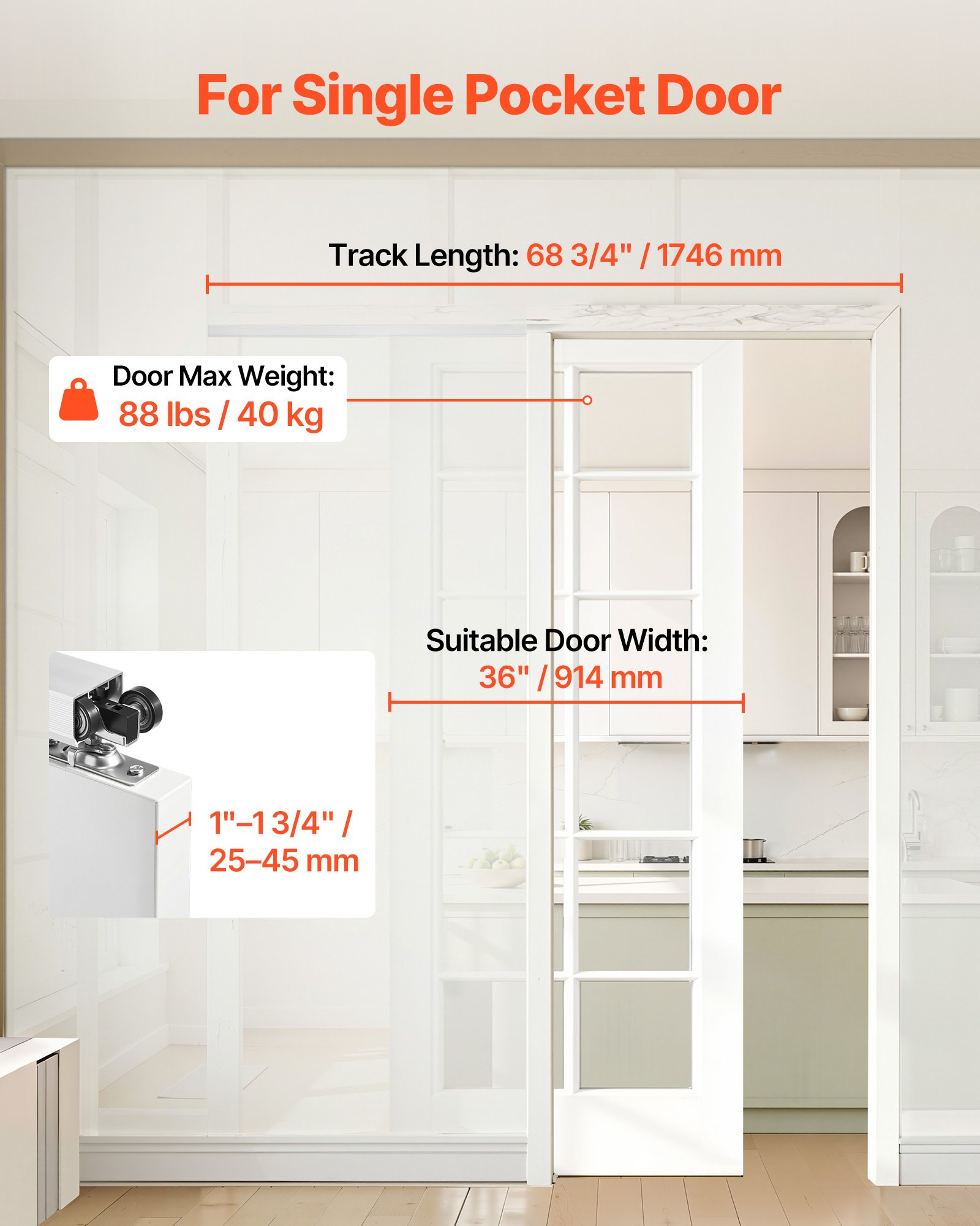 VEVOR Kit de Herrajes para Puerta Corrediza 174,6 cm, Herraje para Una Sola Puerta de 25-45 mm de Grosor y 914 mm de Ancho, Pista de Aleación de Aluminio, Deslizamiento Suave y Silencioso, Plata