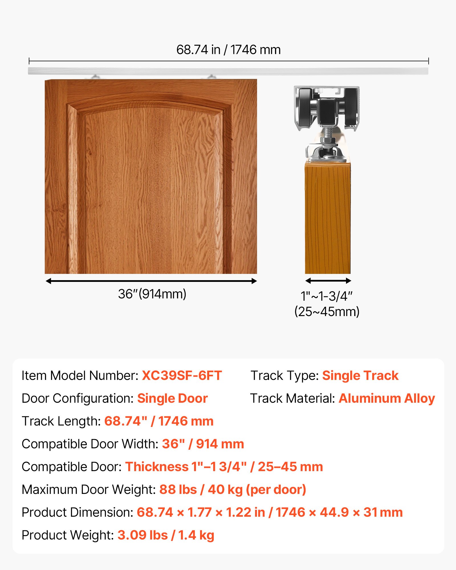 VEVOR Kit de Herrajes para Puerta Corrediza 174,6 cm, Herraje para Una Sola Puerta de 25-45 mm de Grosor y 914 mm de Ancho, Pista de Aleación de Aluminio, Deslizamiento Suave y Silencioso, Plata