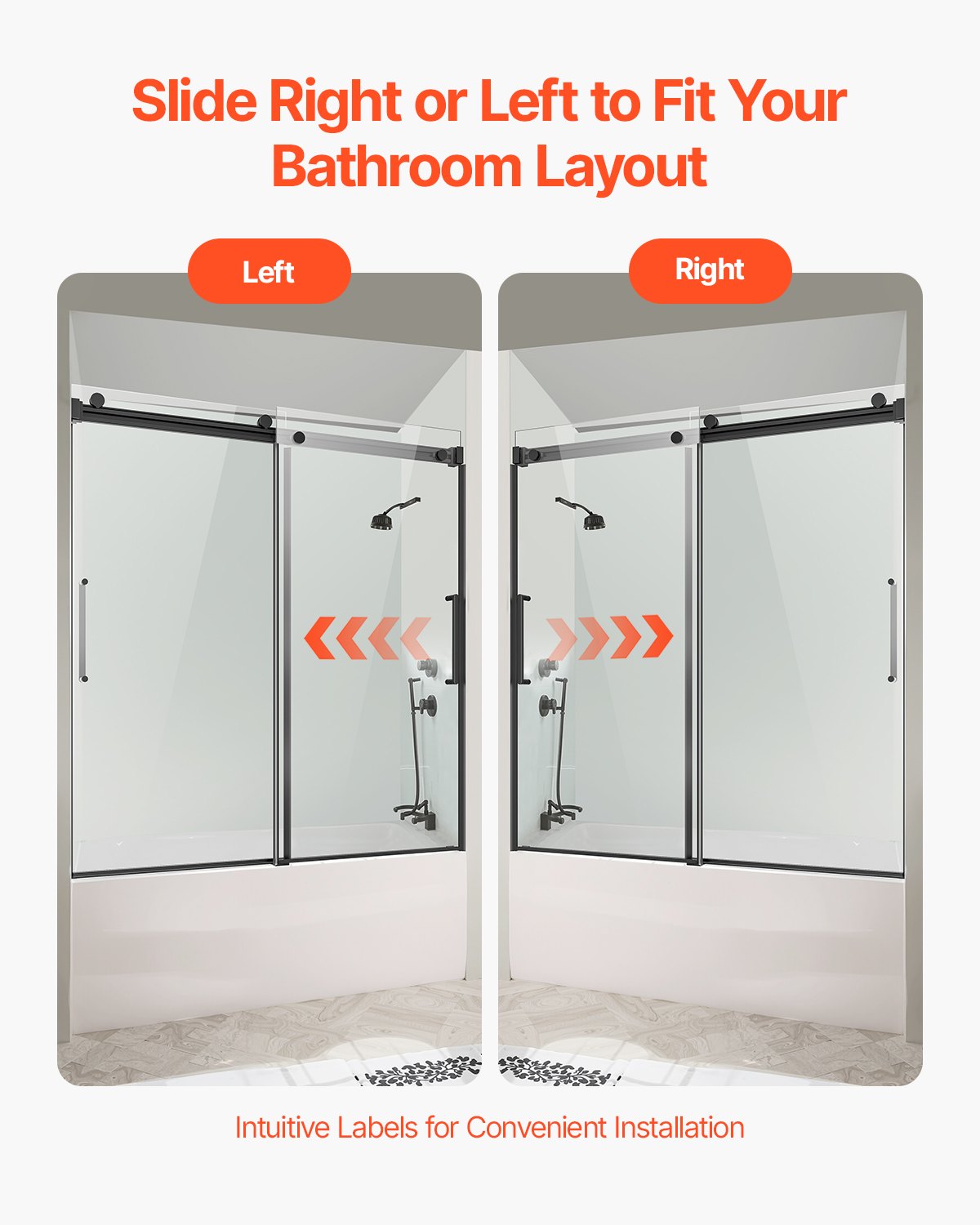 VEVOR Frameless Sliding Bathtub Shower Door (1422-1524 x 1524 mm), Sliding Bathtub Door with 5/16 Inch Clear Tempered Glass and Stainless Steel Handle, Black Finish