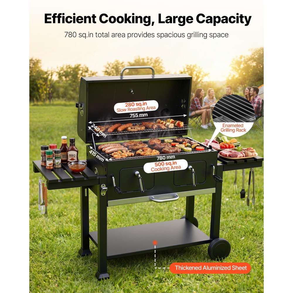 VEVOR Parilla de Carbón con Ruedas 0,5 m², Barbacoa con 2 Bandejas de Carbón Elevables, Mesas Laterales, Bandeja para Cenizas, Asador Transportable de Acero con Recubrimiento en Polvo para Jardín
