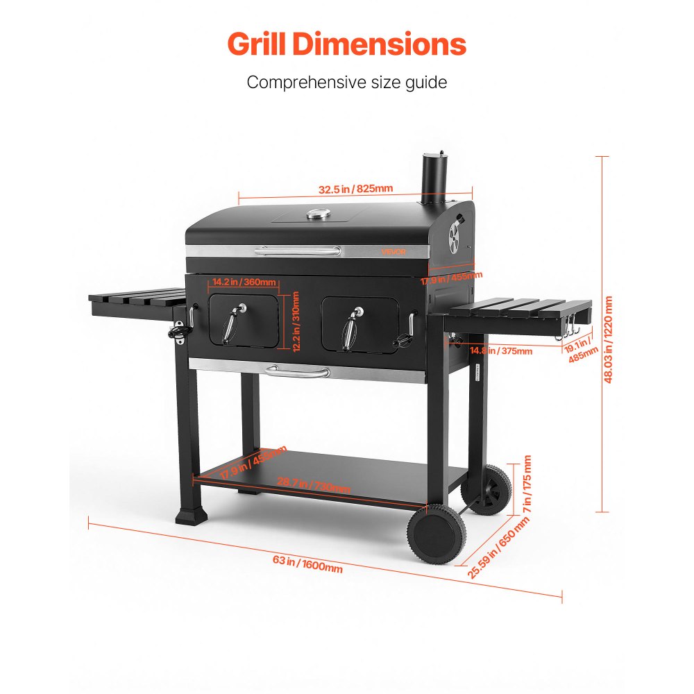 VEVOR Parilla de Carbón con Ruedas 0,5 m², Barbacoa con 2 Bandejas de Carbón Elevables, Mesas Laterales, Bandeja para Cenizas, Asador Transportable de Acero con Recubrimiento en Polvo para Jardín