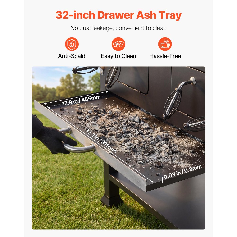 VEVOR Parilla de Carbón con Ruedas 0,5 m², Barbacoa con 2 Bandejas de Carbón Elevables, Mesas Laterales, Bandeja para Cenizas, Asador Transportable de Acero con Recubrimiento en Polvo para Jardín