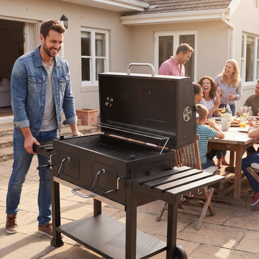 VEVOR Parilla de Carbón con Ruedas 0,5 m², Barbacoa con 2 Bandejas de Carbón Elevables, Mesas Laterales, Bandeja para Cenizas, Asador Transportable de Acero con Recubrimiento en Polvo para Jardín