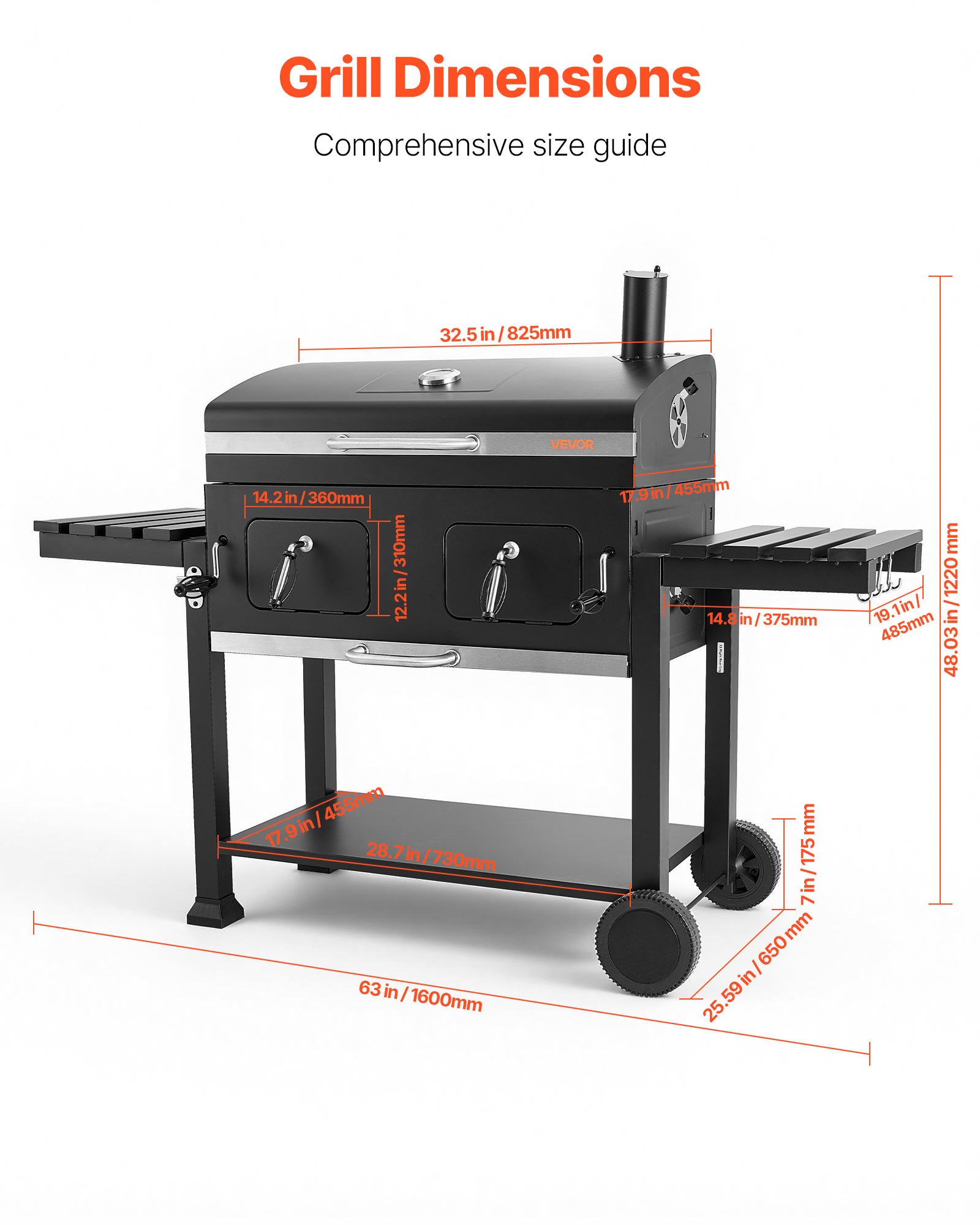VEVOR Parilla de Carbón con Ruedas 0,5 m², Barbacoa con 2 Bandejas de Carbón Elevables, Mesas Laterales, Bandeja para Cenizas, Asador Transportable de Acero con Recubrimiento en Polvo para Jardín