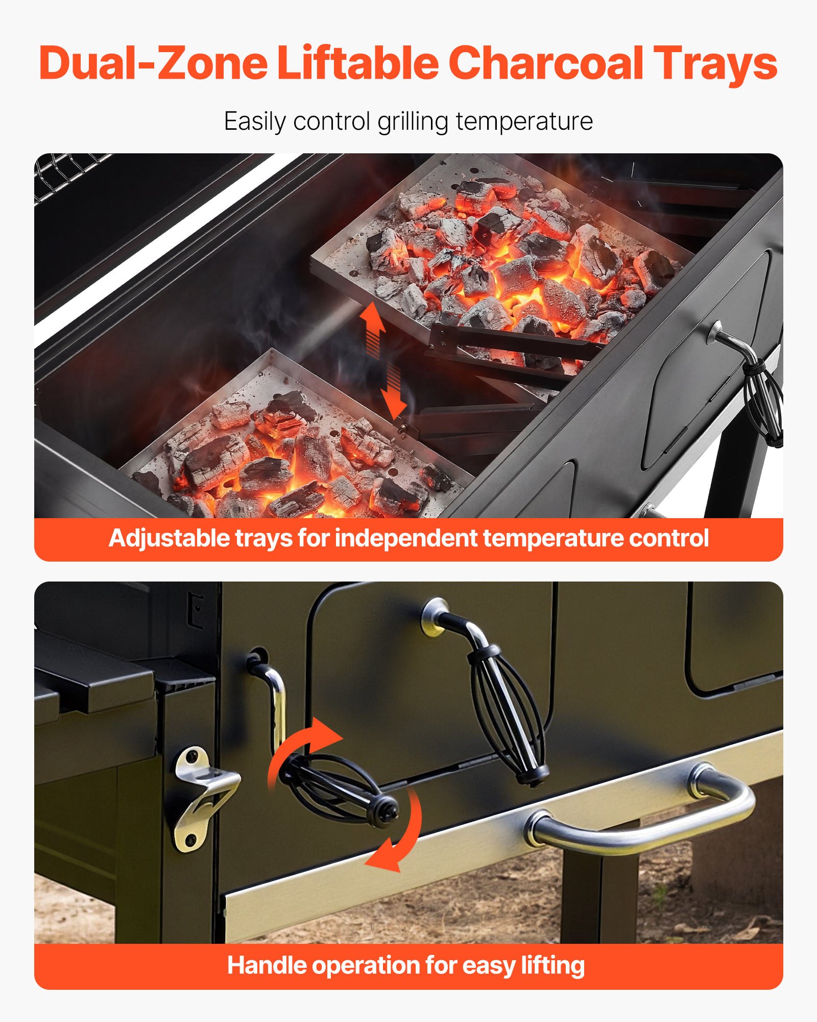 VEVOR Parilla de Carbón con Ruedas 0,5 m², Barbacoa con 2 Bandejas de Carbón Elevables, Mesas Laterales, Bandeja para Cenizas, Asador Transportable de Acero con Recubrimiento en Polvo para Jardín