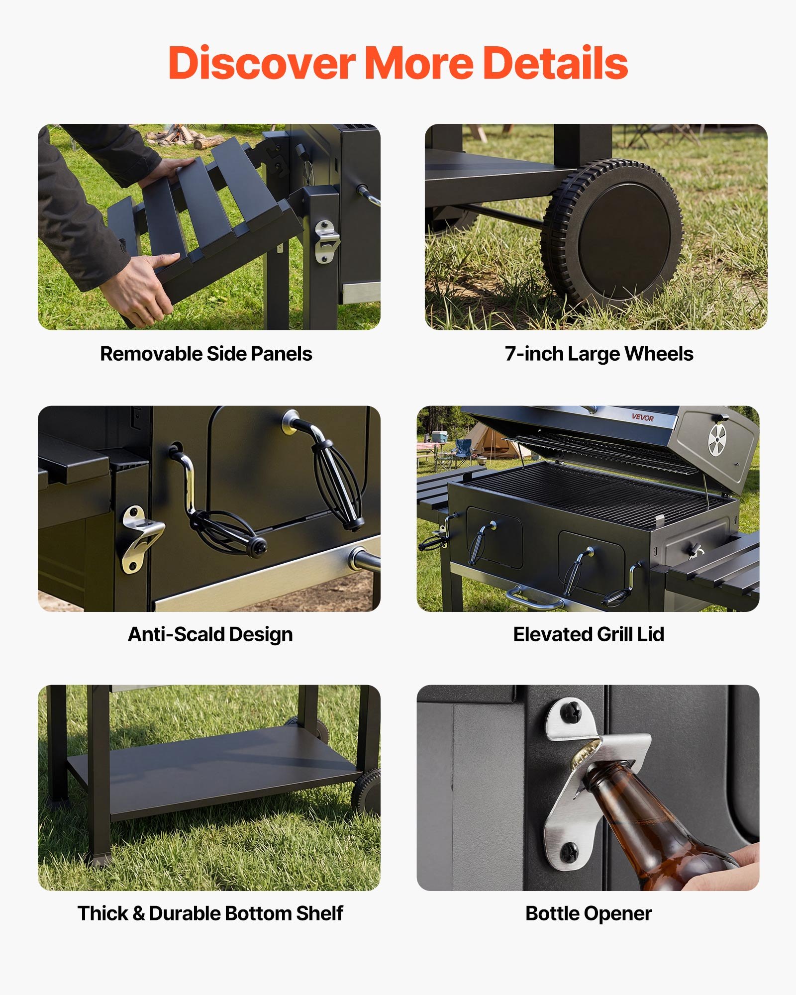 VEVOR Parilla de Carbón con Ruedas 0,5 m², Barbacoa con 2 Bandejas de Carbón Elevables, Mesas Laterales, Bandeja para Cenizas, Asador Transportable de Acero con Recubrimiento en Polvo para Jardín