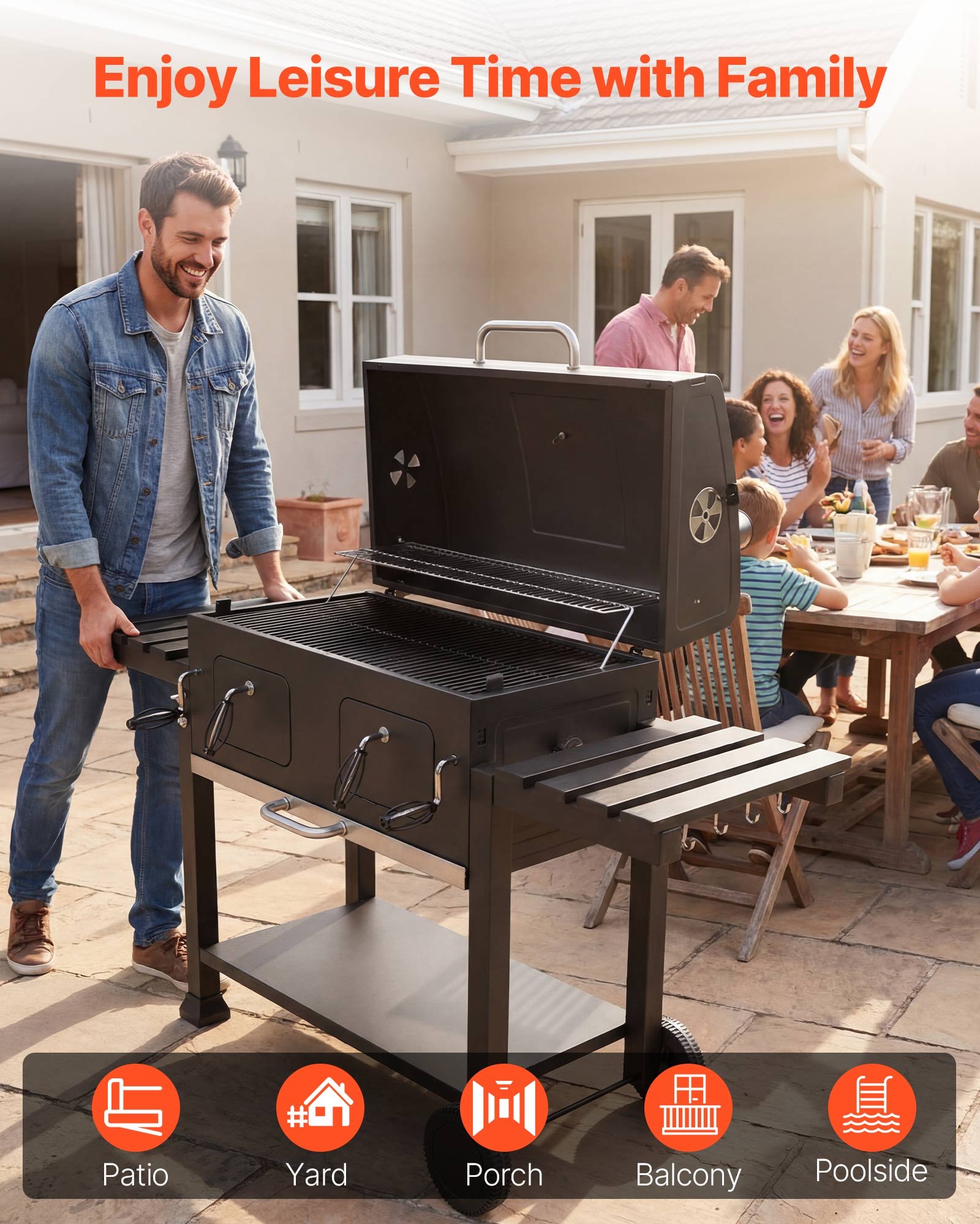 VEVOR Parilla de Carbón con Ruedas 0,5 m², Barbacoa con 2 Bandejas de Carbón Elevables, Mesas Laterales, Bandeja para Cenizas, Asador Transportable de Acero con Recubrimiento en Polvo para Jardín