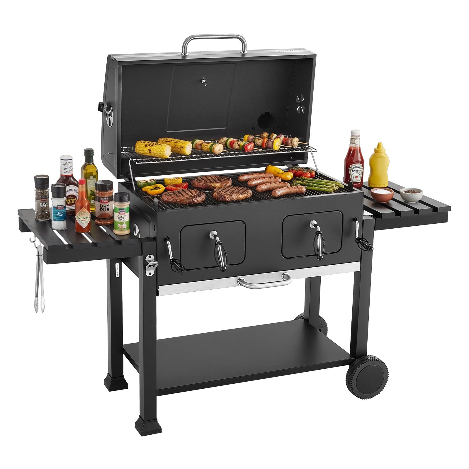 VEVOR Parilla de Carbón con Ruedas 0,5 m², Barbacoa con 2 Bandejas de Carbón Elevables, Mesas Laterales, Bandeja para Cenizas, Asador Transportable de Acero con Recubrimiento en Polvo para Jardín