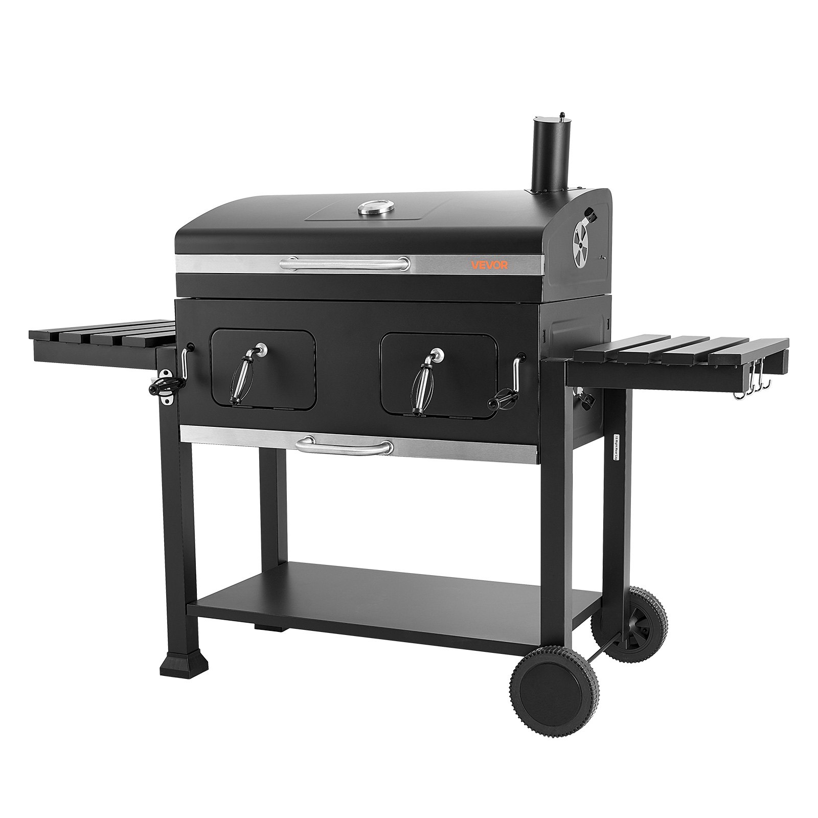 VEVOR Parilla de Carbón con Ruedas 0,5 m², Barbacoa con 2 Bandejas de Carbón Elevables, Mesas Laterales, Bandeja para Cenizas, Asador Transportable de Acero con Recubrimiento en Polvo para Jardín