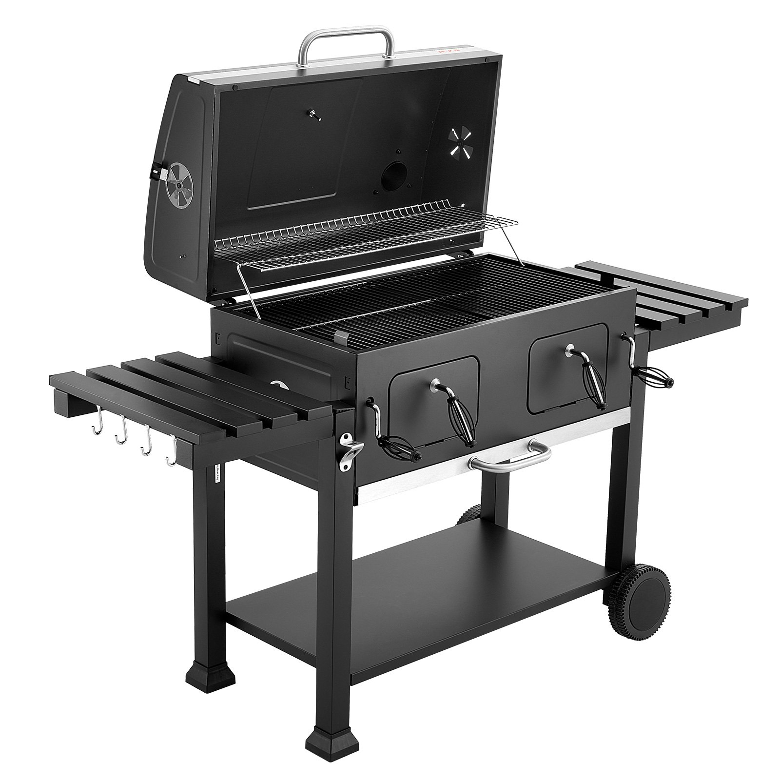 VEVOR Parilla de Carbón con Ruedas 0,5 m², Barbacoa con 2 Bandejas de Carbón Elevables, Mesas Laterales, Bandeja para Cenizas, Asador Transportable de Acero con Recubrimiento en Polvo para Jardín