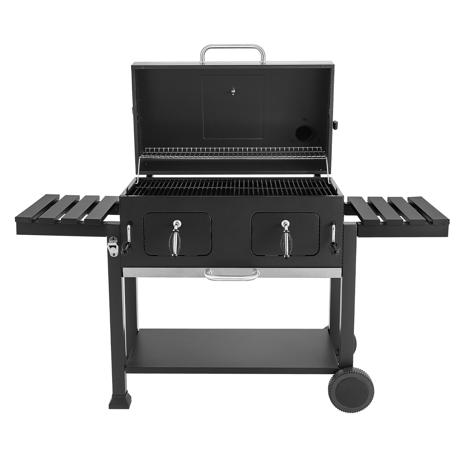 VEVOR Parilla de Carbón con Ruedas 0,5 m², Barbacoa con 2 Bandejas de Carbón Elevables, Mesas Laterales, Bandeja para Cenizas, Asador Transportable de Acero con Recubrimiento en Polvo para Jardín