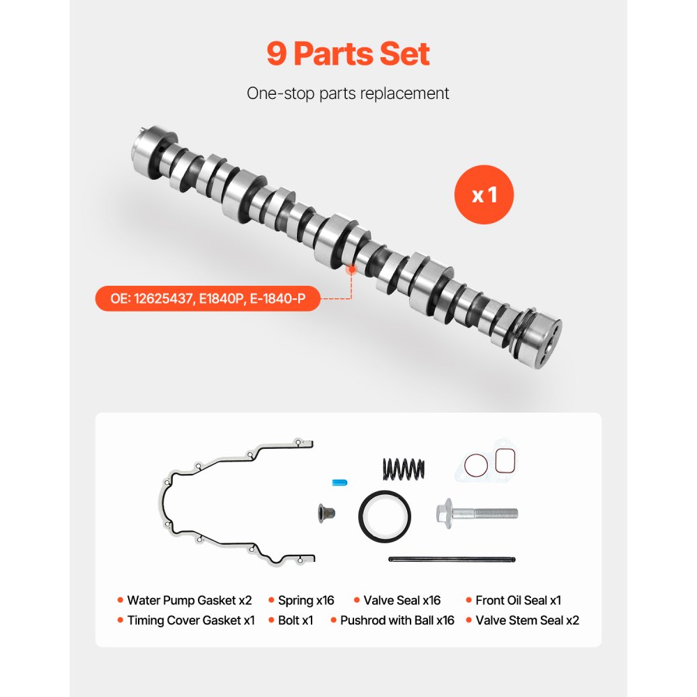 VEVOR Camshaft Kit, 9-Piece Set, Includes Timing Gasket, Pushrods Springs & Seals, Compatible with 1999-2013 GM Gen3/4 Norris Trucks, Fits LS1, LS2, LS6, LQ4, LQ9 Engines, OE 12625437 E1840P E-1840-P