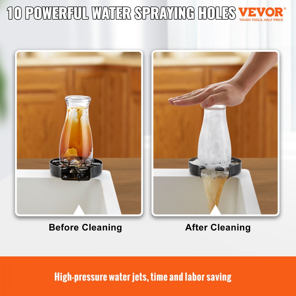VEVOR Enjuagadora de vidrio automática 121x127,6mm Enjuagadora de vidrio para fregadero de cocina de acero inoxidable 304 con 10 chorros de agua Lavadora de vidrio con rotación de 360° Enjuague rápido