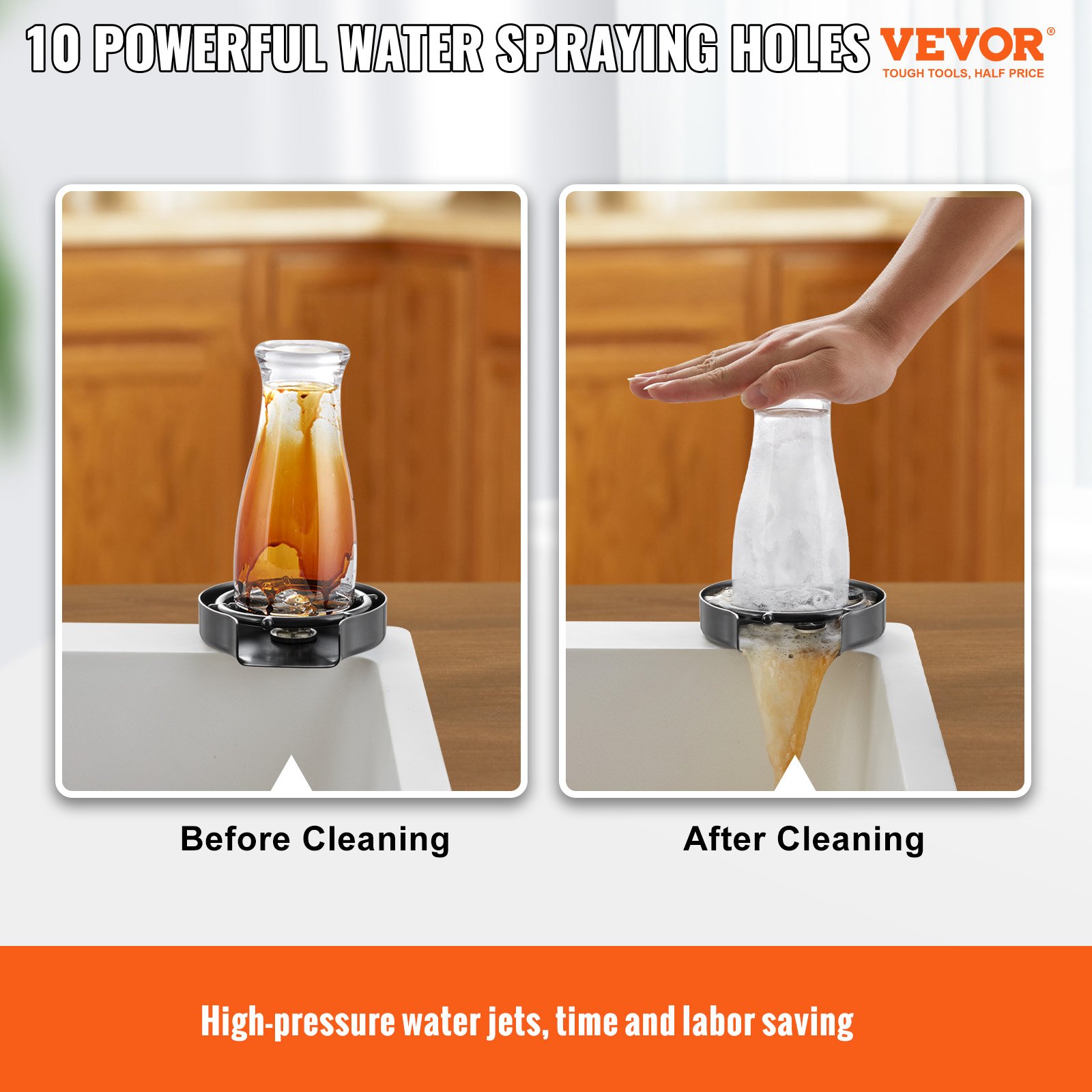 VEVOR Enjuagadora de Vidrio Automática 12x13 cm Enjuagadora de Vidrio para Fregadero de Cocina en Acero Inoxidable 304 Portavasos ABS con 10 Chorros de Agua Lavavasos de Rotación 360° Enjuague Rápido