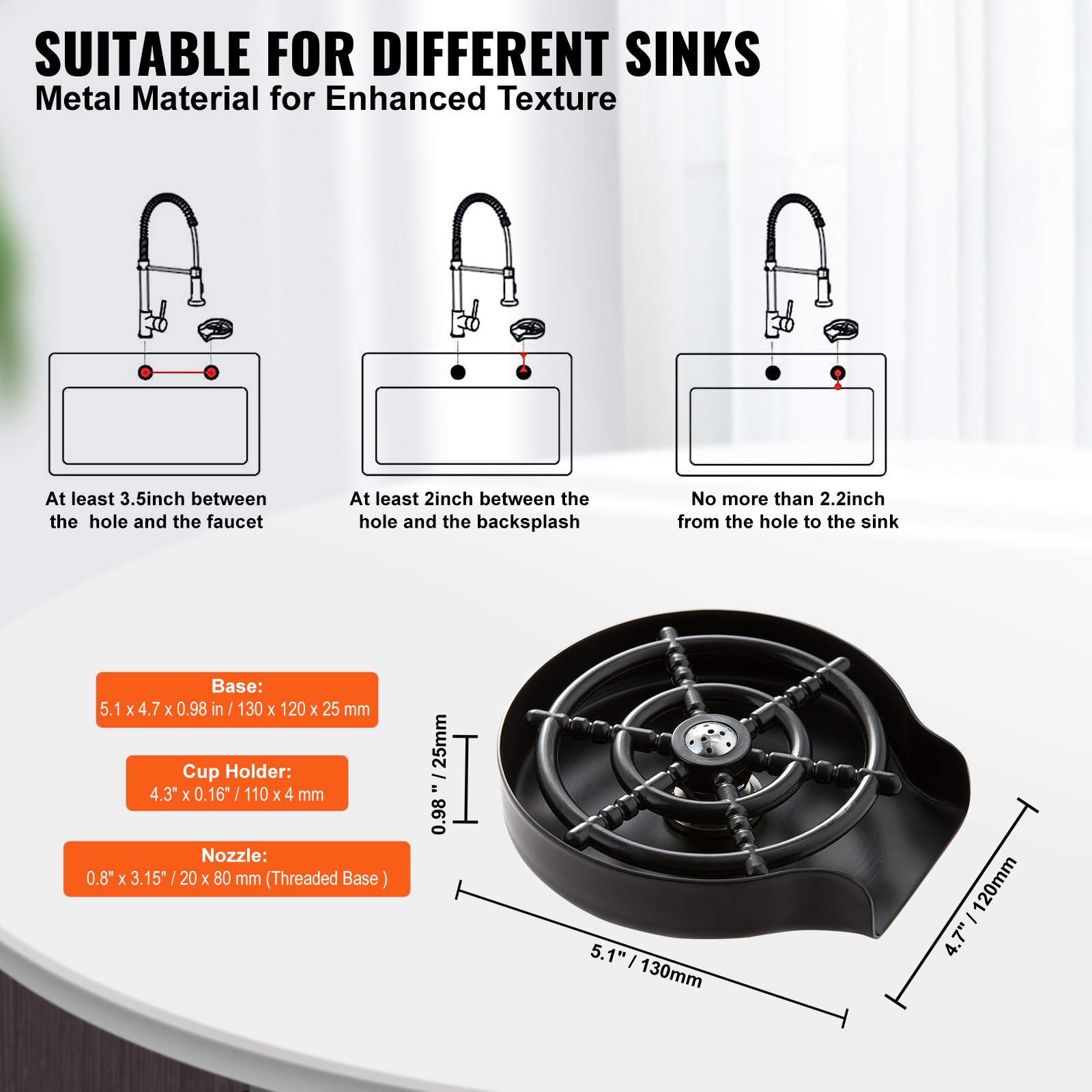 VEVOR Enjuagadora de Vidrio Automática 12x13 cm Enjuagadora de Vidrio para Fregadero de Cocina en Acero Inoxidable 304 Portavasos ABS con 10 Chorros de Agua Lavavasos de Rotación 360° Enjuague Rápido