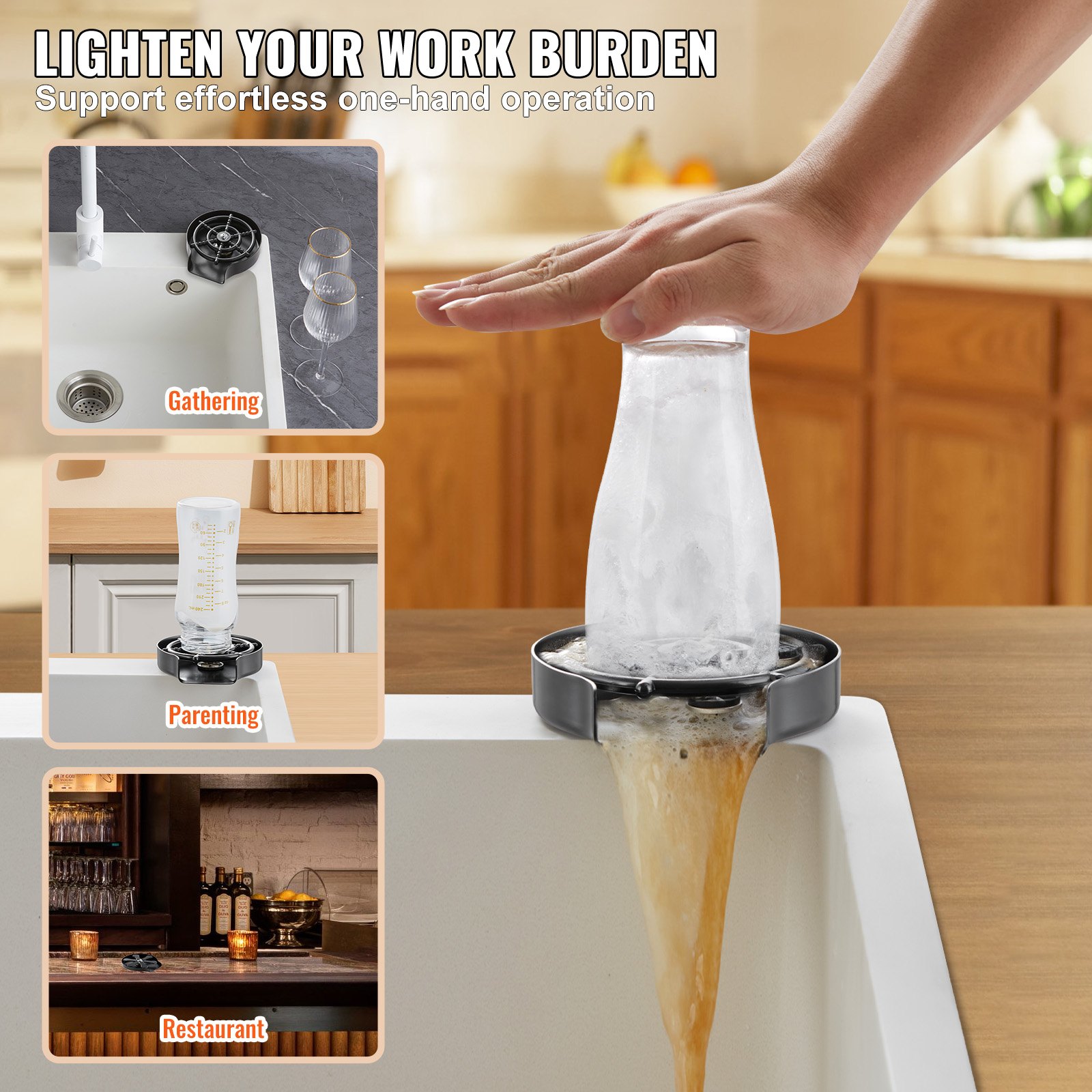 VEVOR Enjuagadora de Vidrio Automática 12x13 cm Enjuagadora de Vidrio para Fregadero de Cocina en Acero Inoxidable 304 Portavasos ABS con 10 Chorros de Agua Lavavasos de Rotación 360° Enjuague Rápido