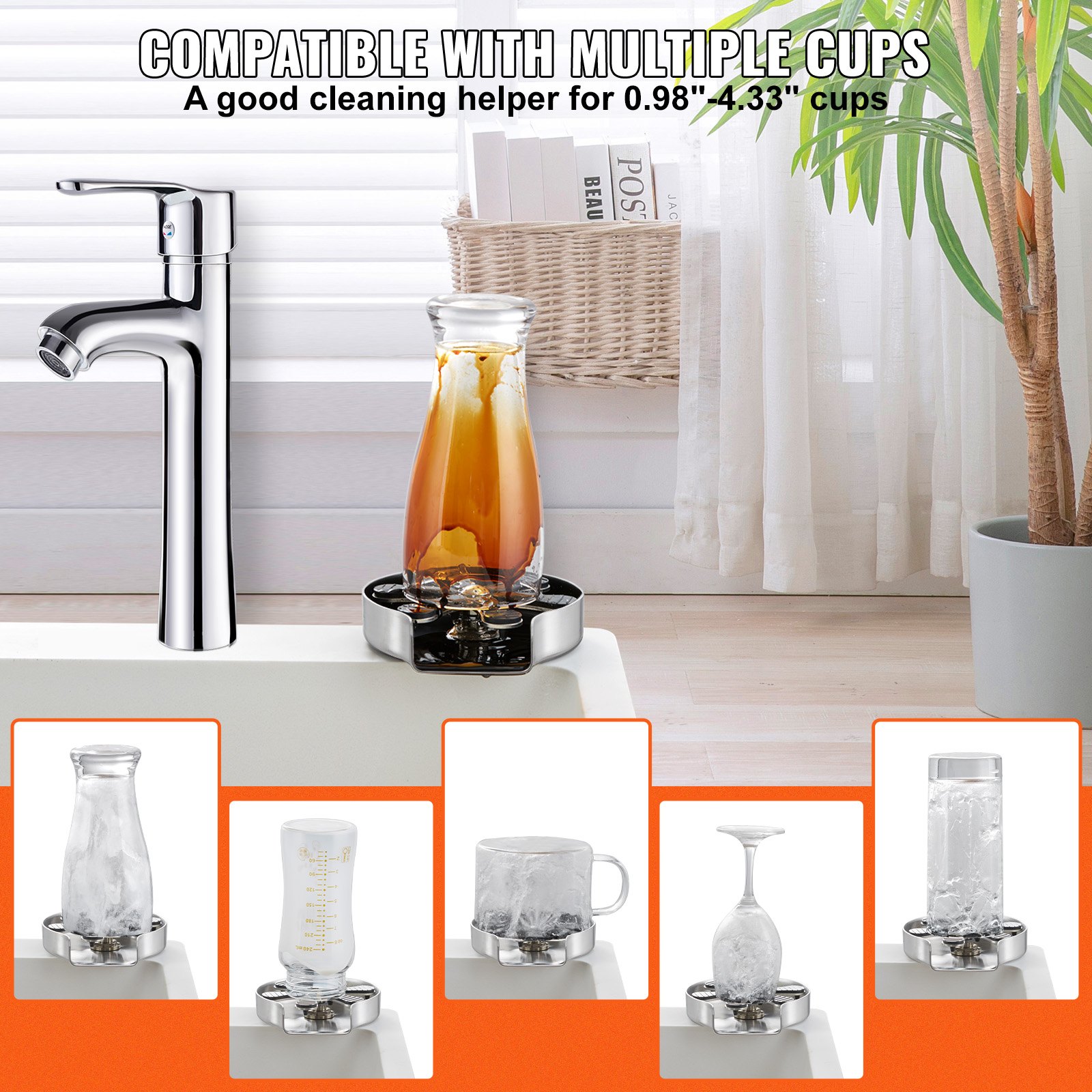 VEVOR Enjuagadora de Vidrio Automática Enjuagadora de Vidrio para Fregadero de Cocina Almohadilla de Silicona de Acero Inoxidable 304 con 10 Chorros de Agua Lavadora de Vidrio con Rotación de 360°