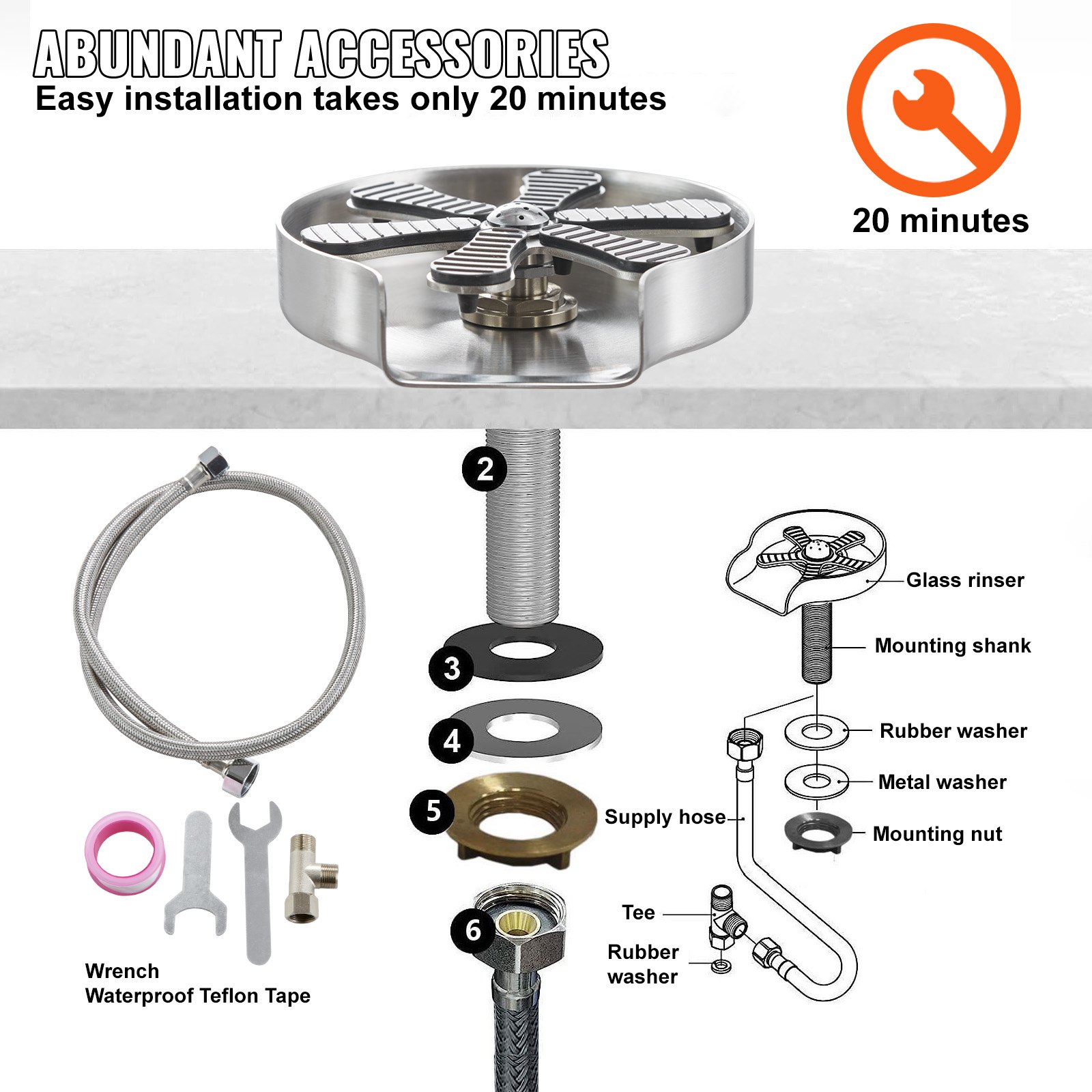 VEVOR Enjuagadora de Vidrio Automática Enjuagadora de Vidrio para Fregadero de Cocina Almohadilla de Silicona de Acero Inoxidable 304 con 10 Chorros de Agua Lavadora de Vidrio con Rotación de 360°