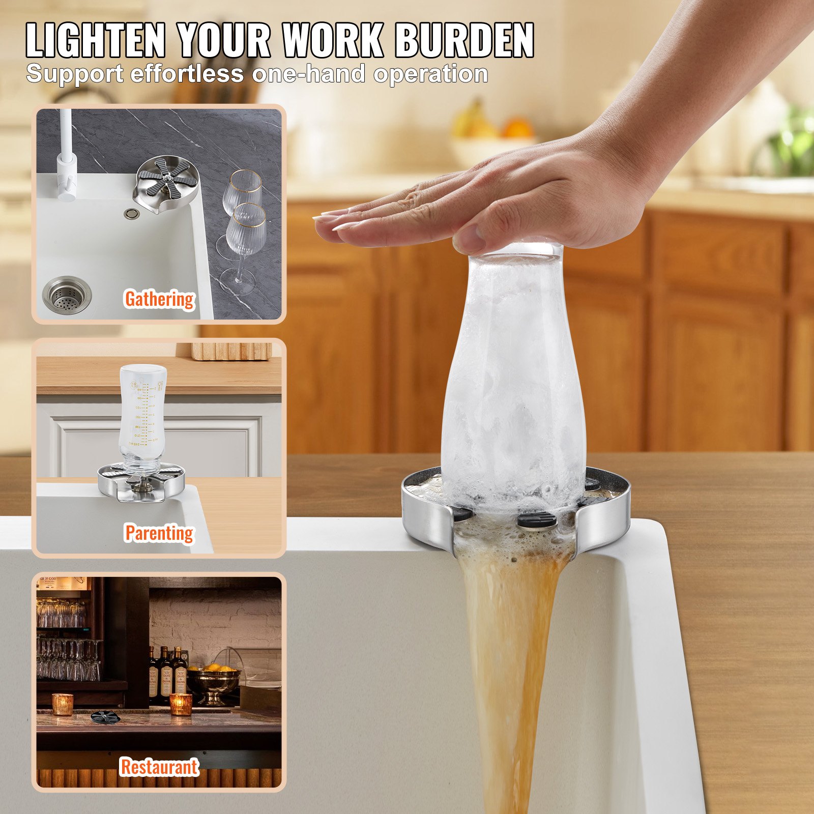 VEVOR Enjuagadora de Vidrio Automática Enjuagadora de Vidrio para Fregadero de Cocina Almohadilla de Silicona de Acero Inoxidable 304 con 10 Chorros de Agua Lavadora de Vidrio con Rotación de 360°