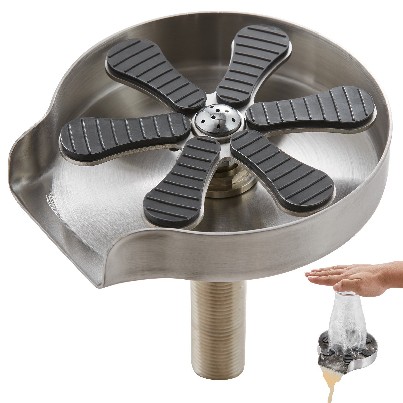 VEVOR Enjuagadora de Vidrio Automática Enjuagadora de Vidrio para Fregadero de Cocina Almohadilla de Silicona de Acero Inoxidable 304 con 10 Chorros de Agua Lavadora de Vidrio con Rotación de 360°
