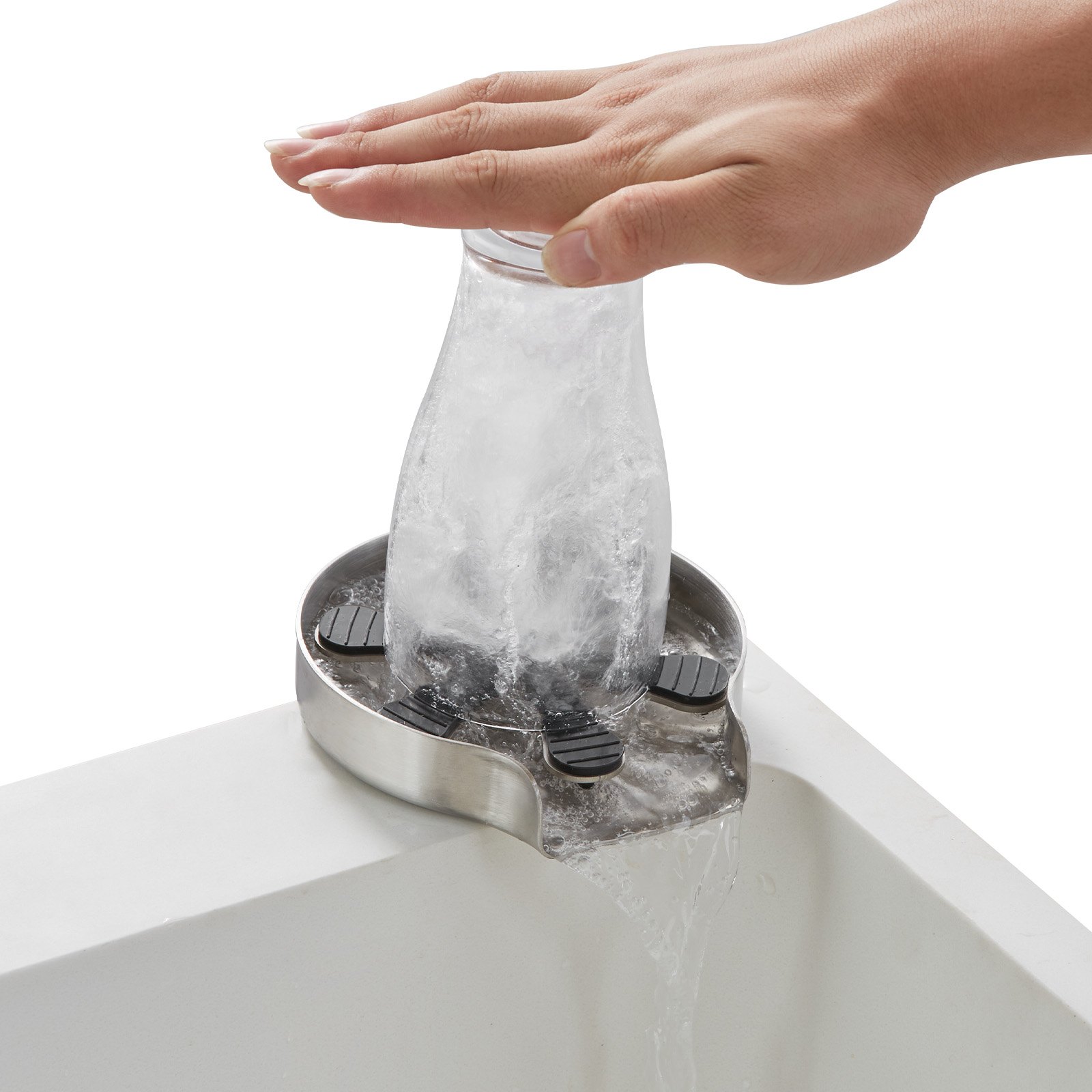 VEVOR Enjuagadora de Vidrio Automática Enjuagadora de Vidrio para Fregadero de Cocina Almohadilla de Silicona de Acero Inoxidable 304 con 10 Chorros de Agua Lavadora de Vidrio con Rotación de 360°
