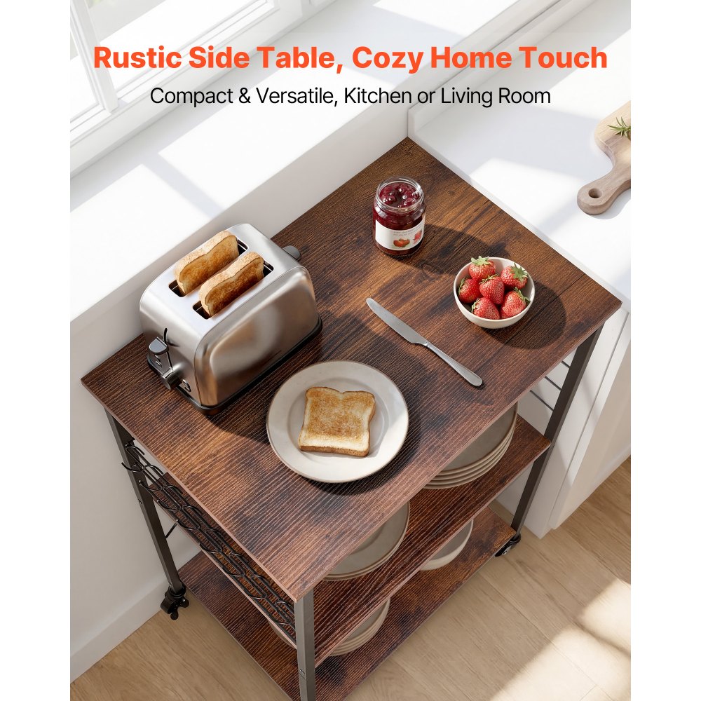 VEVOR Carrito de Cocina de 3 Niveles, Soporte para Microondas 602 x 402 x 902 mm, Carrito Auxiliar con Ruedas y 8 Ganchos, Marco de Hierro y Estantes de Aglomerado, para Mini Horno, Tostadora