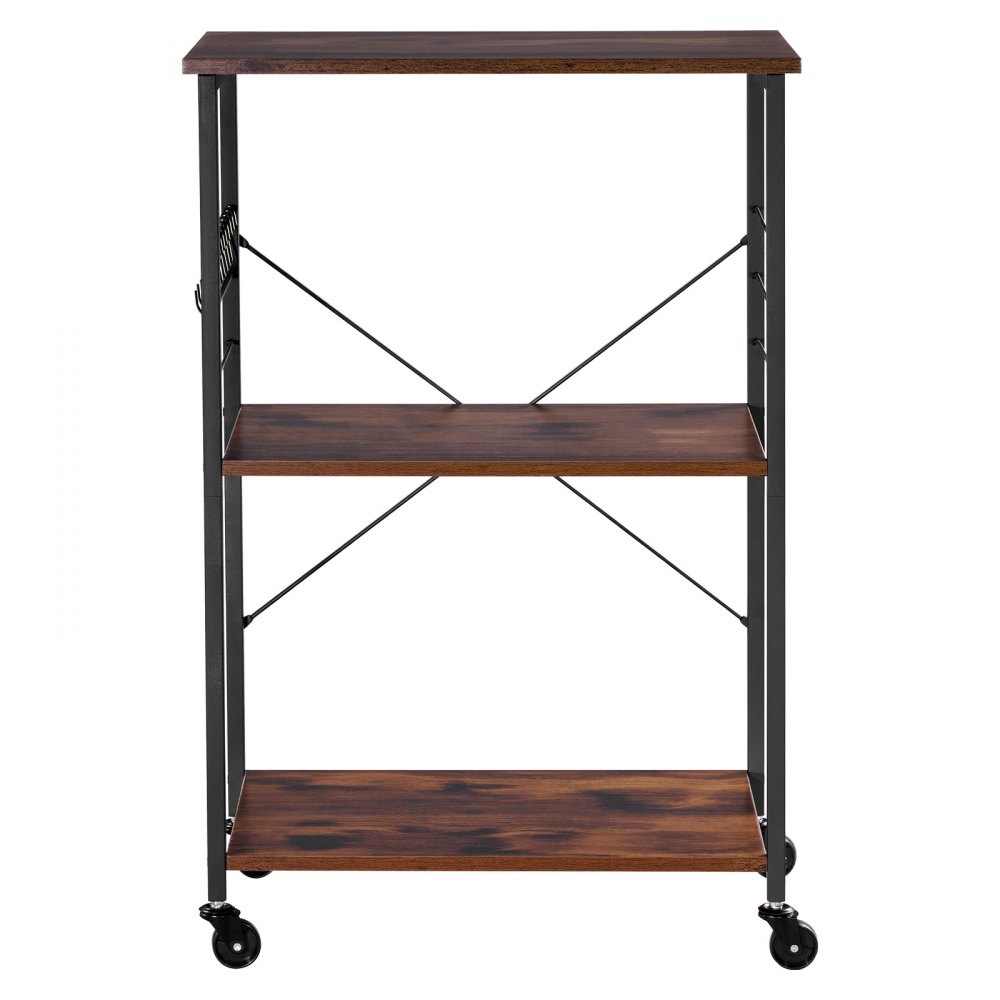 VEVOR Carrito de Cocina de 3 Niveles, Soporte para Microondas 602 x 402 x 902 mm, Carrito Auxiliar con Ruedas y 8 Ganchos, Marco de Hierro y Estantes de Aglomerado, para Mini Horno, Tostadora