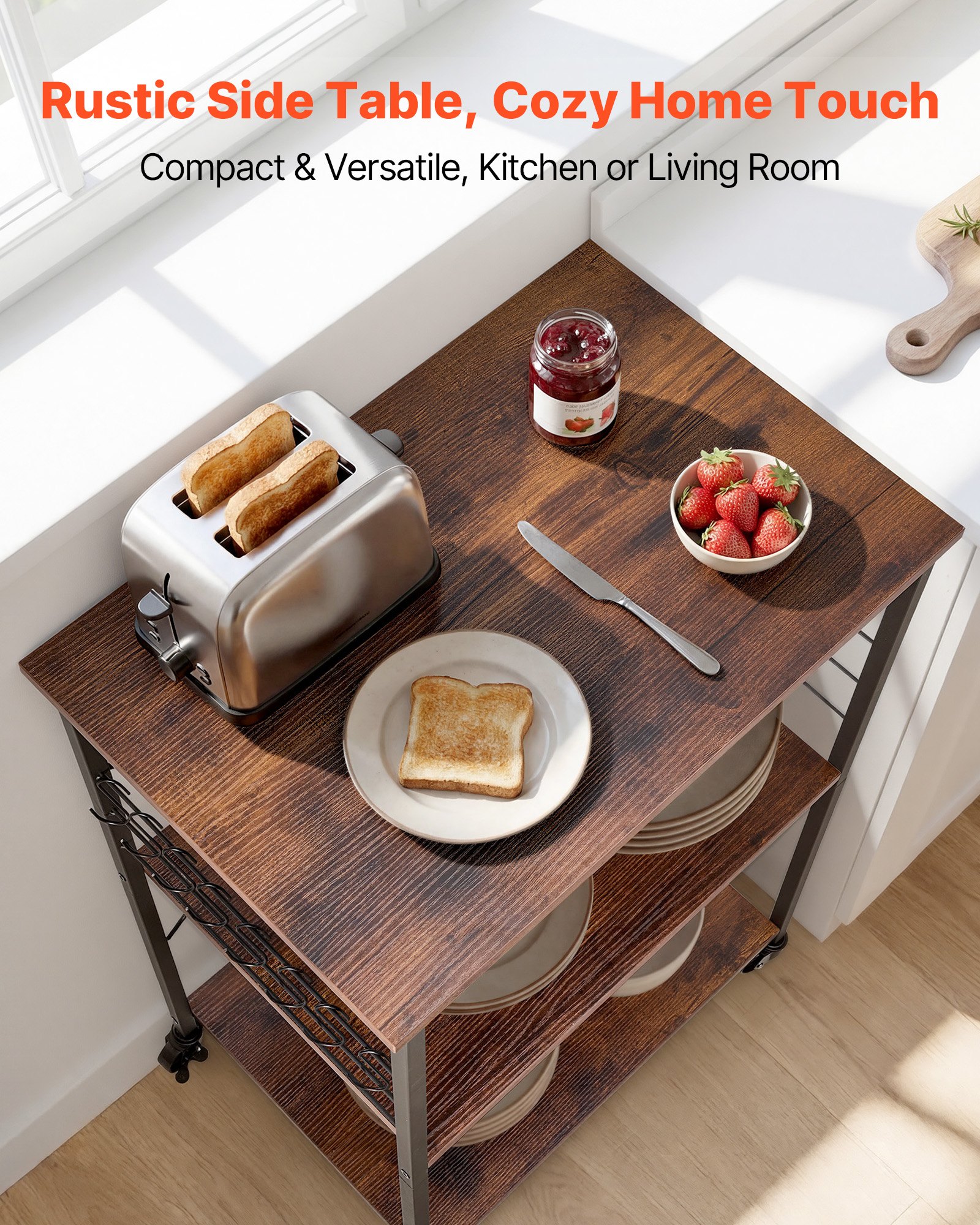 VEVOR Carrito de Cocina de 3 Niveles, Soporte para Microondas 602 x 402 x 902 mm, Carrito Auxiliar con Ruedas y 8 Ganchos, Marco de Hierro y Estantes de Aglomerado, para Mini Horno, Tostadora