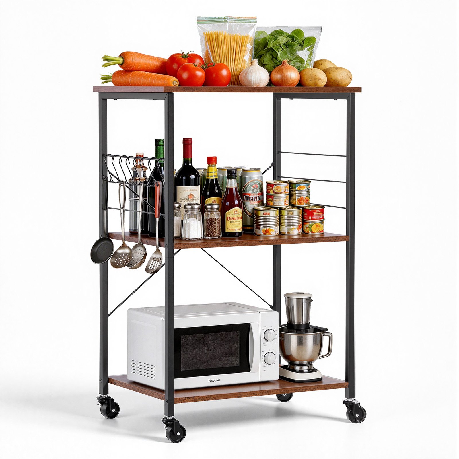 VEVOR Carrito de Cocina de 3 Niveles, Soporte para Microondas 602 x 402 x 902 mm, Carrito Auxiliar con Ruedas y 8 Ganchos, Marco de Hierro y Estantes de Aglomerado, para Mini Horno, Tostadora