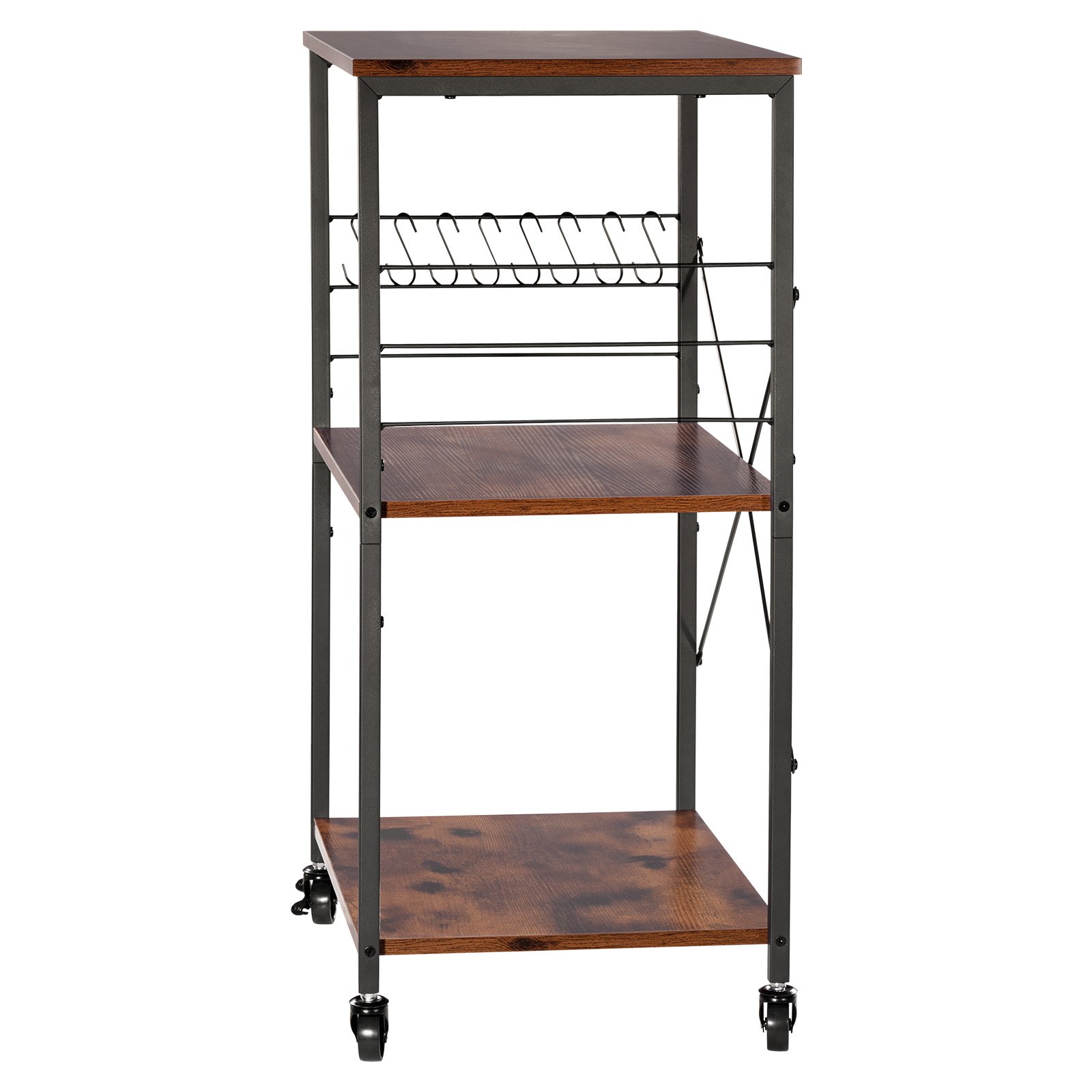 VEVOR Carrito de Cocina de 3 Niveles, Soporte para Microondas 602 x 402 x 902 mm, Carrito Auxiliar con Ruedas y 8 Ganchos, Marco de Hierro y Estantes de Aglomerado, para Mini Horno, Tostadora