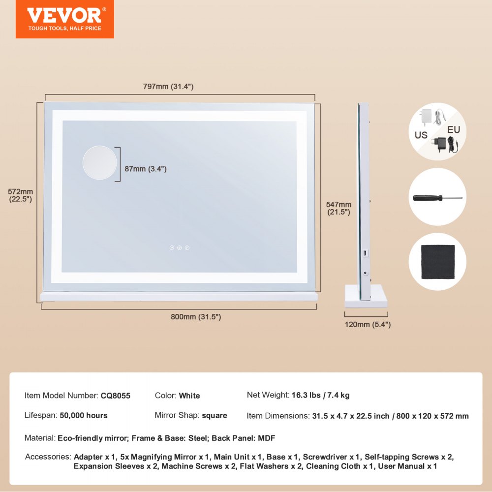 VEVOR Gran Espejo de Maquillaje Iluminado con Tres Modos de Iluminación de Color, LED Luces, Aumento de 5X, Puerto USB, Control Táctil Inteligente, Montaje en Pared de Escritorio, 800 x 120 x 572 mm