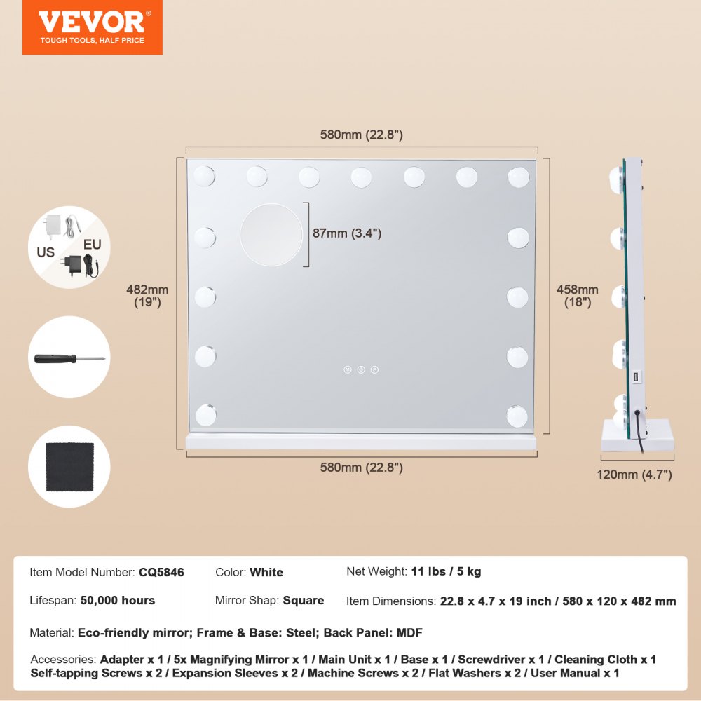 VEVOR Espejo de Tocador Hollywood con Luces, 15 Bombillas Regulables y 3 Modos de Iluminación de Color, Aumento Desmontable de 5X, Puerto USB, Control Táctil Inteligente, en Pared, 580 x 120 x 482 mm