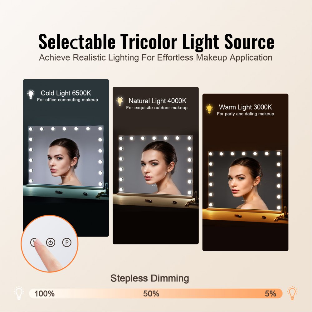 VEVOR Espejo de Tocador Hollywood con Luces, Bombillas Regulables y 3 Modos de Iluminación de Color, con Aumento Desmontable de 5X, Puerto USB, Tipo C, Control Táctil Inteligente, 800 x 138 x 622 mm