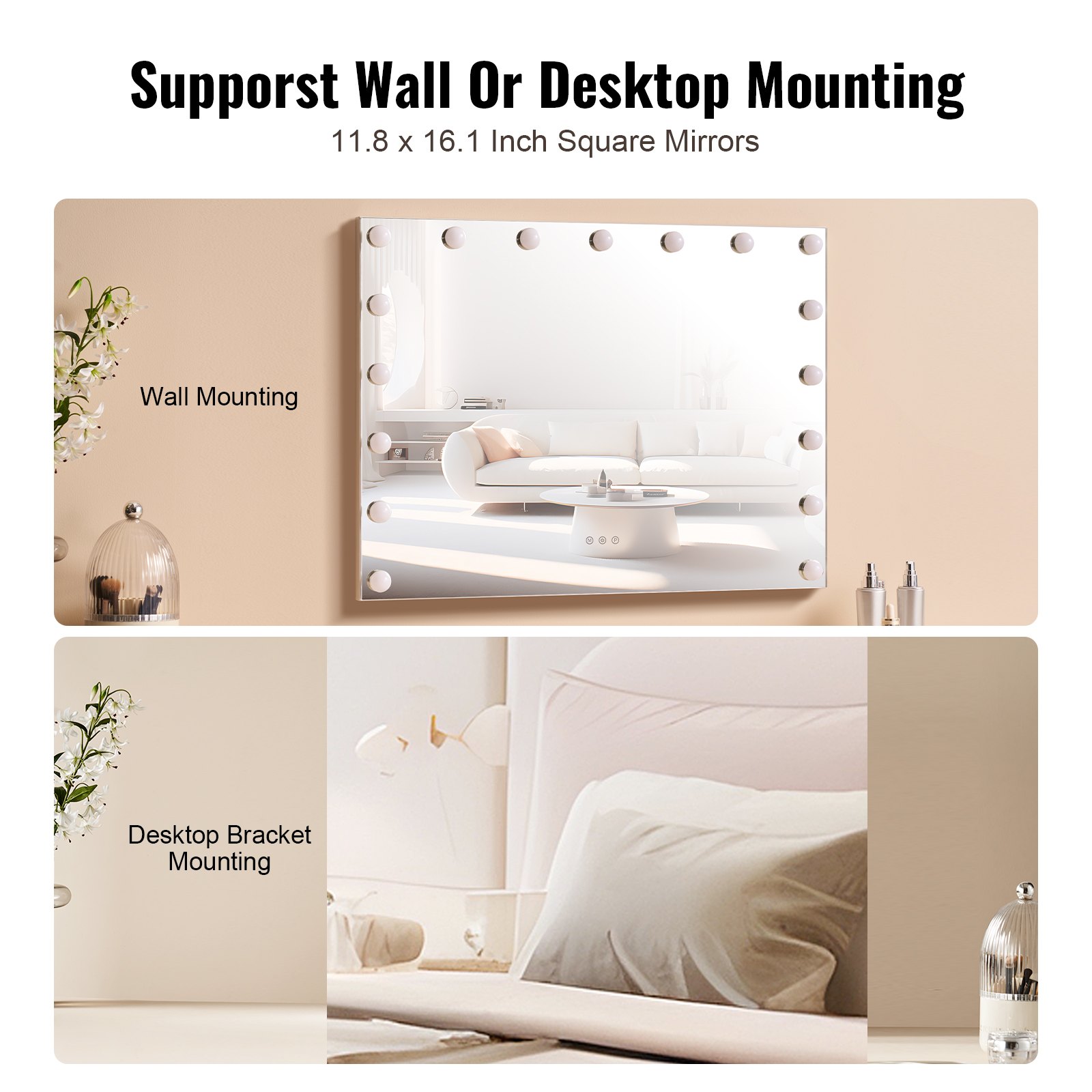 VEVOR Espejo de Tocador Hollywood con Luces, Bombillas Regulables y 3 Modos de Iluminación de Color, con Aumento Desmontable de 5X, Puerto USB, Tipo C, Control Táctil Inteligente, 800 x 138 x 622 mm