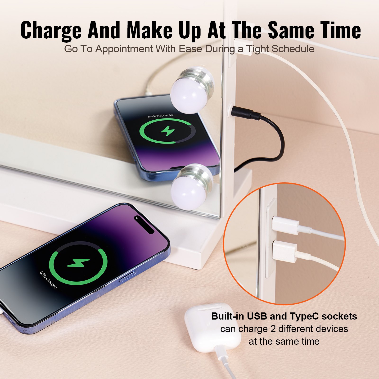 VEVOR Espejo de Tocador Hollywood con Luces, Bombillas Regulables y 3 Modos de Iluminación de Color, con Aumento Desmontable de 5X, Puerto USB, Tipo C, Control Táctil Inteligente, 800 x 138 x 622 mm