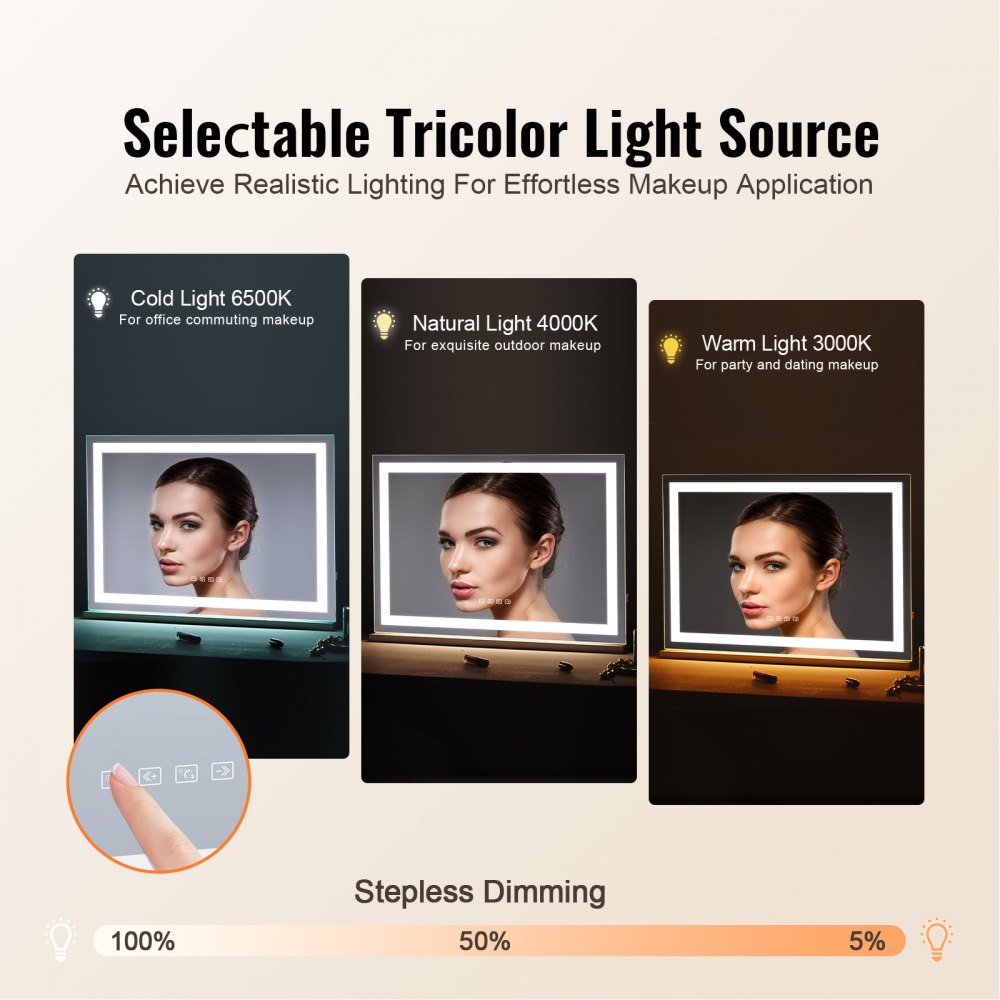 VEVOR Gran Espejo de Maquillaje Iluminado con Tres Modos de Iluminación Color, LED Luces, Aumento de 5X, Bluetooth, USB, Control Táctil Inteligente, Montaje en Pared a Escritorio, 800 x 120 x 572 mm