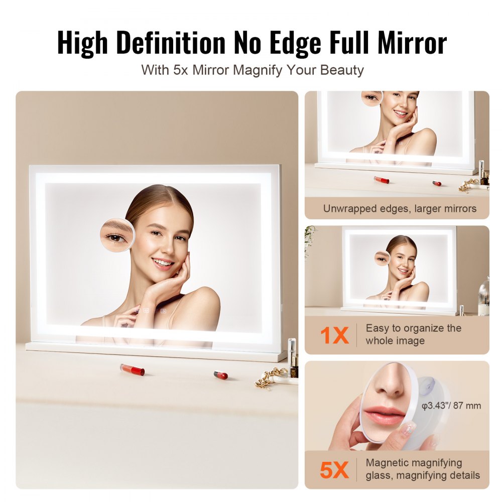VEVOR Gran Espejo de Maquillaje Iluminado con Tres Modos de Iluminación Color, LED Luces, Aumento de 5X, Bluetooth, USB, Control Táctil Inteligente, Montaje en Pared a Escritorio, 800 x 120 x 572 mm