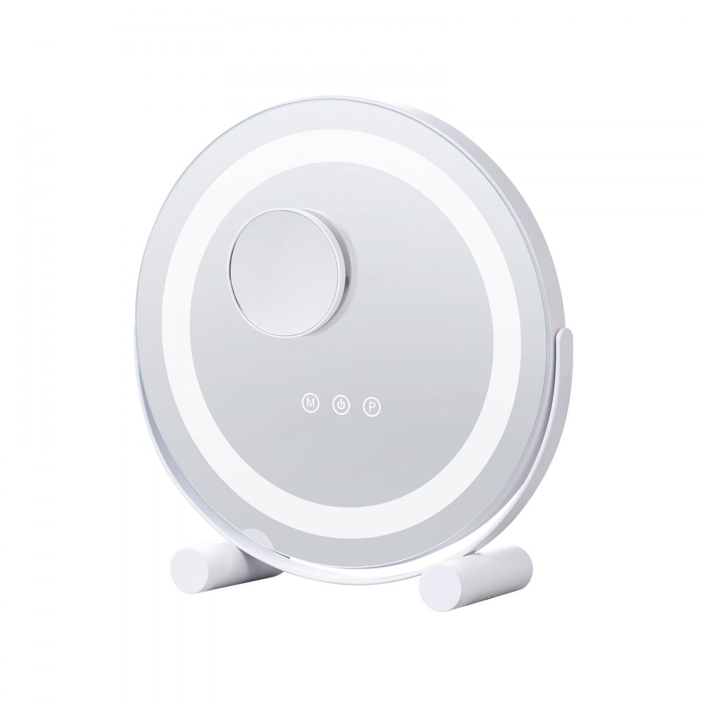 VEVOR Espejo de Tocador Redondo con Luces, LED con 3 Modos de Iluminación de Color, con Espejo de Aumento de 5x, Control Táctil Inteligente, Rotación de 360°, para Mesa Dormitorio, 310 x 100 x 320 mm
