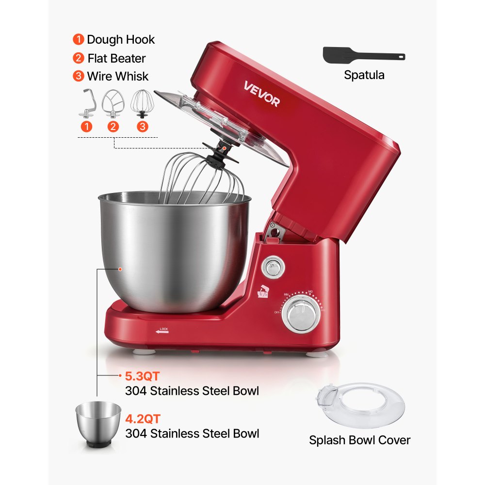 VEVOR Batidora Amasadora de Repostería 1000 W, 3 Velocidades, Boles 5 L y 4 L de Acero Inoxidable, Protector Antisalpicaduras, Cabezal Inclinable, con Gancho para Amasar, para Hornear, Mezclar, Batir