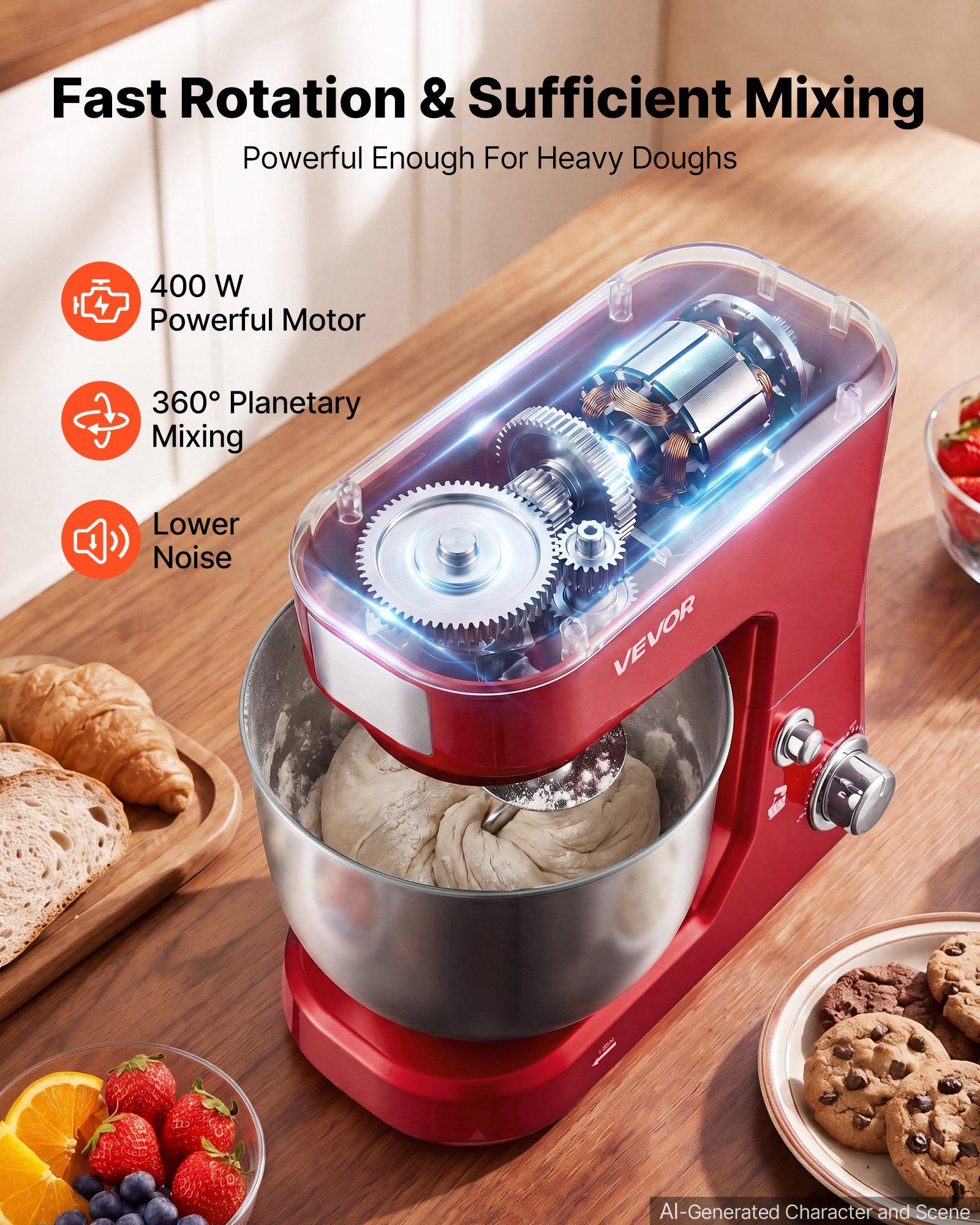 VEVOR Batidora Amasadora de Repostería 1000 W, 3 Velocidades, Boles 5 L y 4 L de Acero Inoxidable, Protector Antisalpicaduras, Cabezal Inclinable, con Gancho para Amasar, para Hornear, Mezclar, Batir