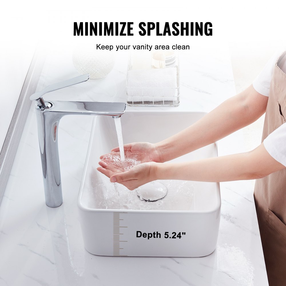 Lavabo rectangular VEVOR, lavabo de baño de 16" x 12", lavabo de cerámica blanca sobre encimera, estilo moderno, elegante y luminoso, perfecto para baño, hotel, inodoro, RV