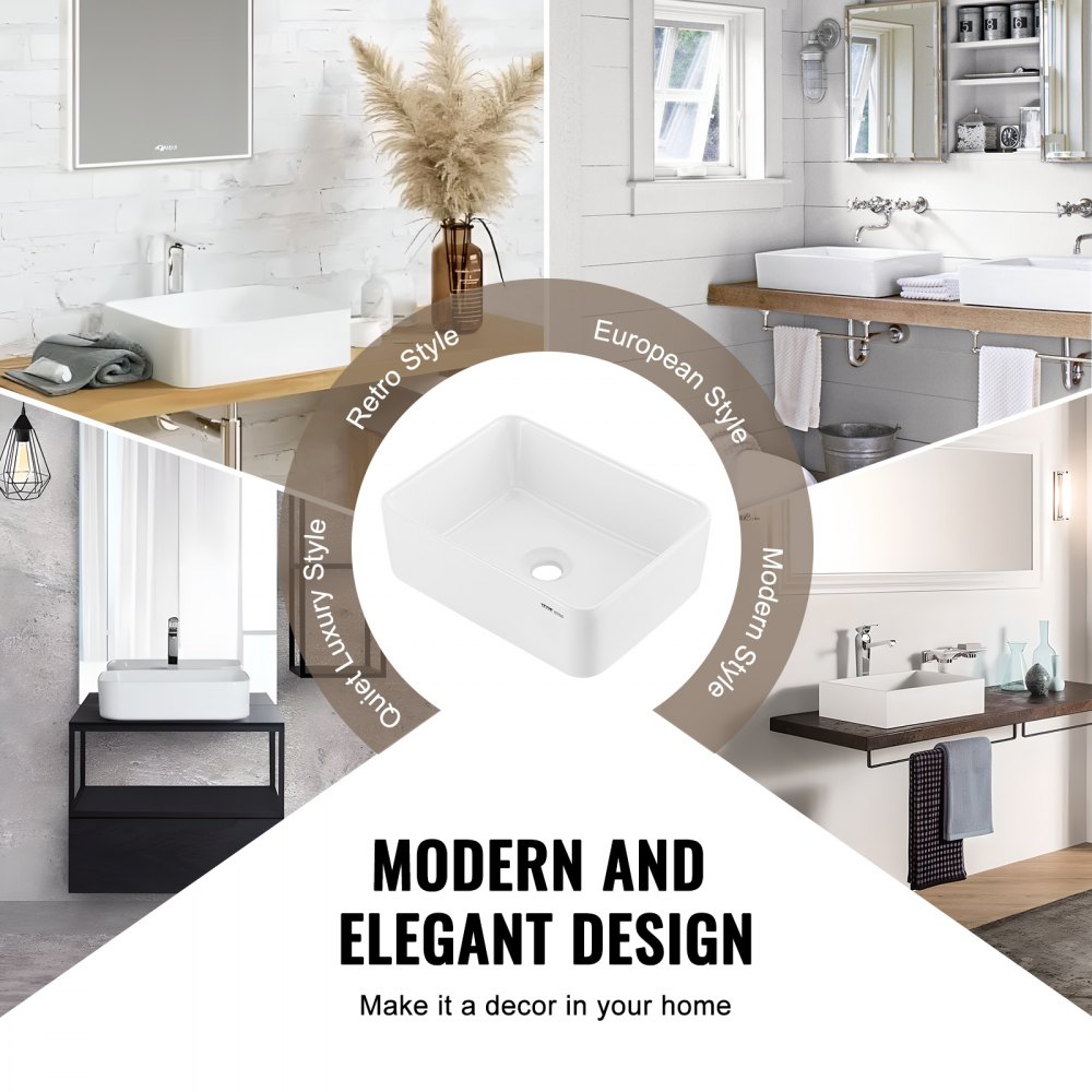 Lavabo rectangular VEVOR, lavabo de baño de 16" x 12", lavabo de cerámica blanca sobre encimera, estilo moderno, elegante y luminoso, perfecto para baño, hotel, inodoro, RV