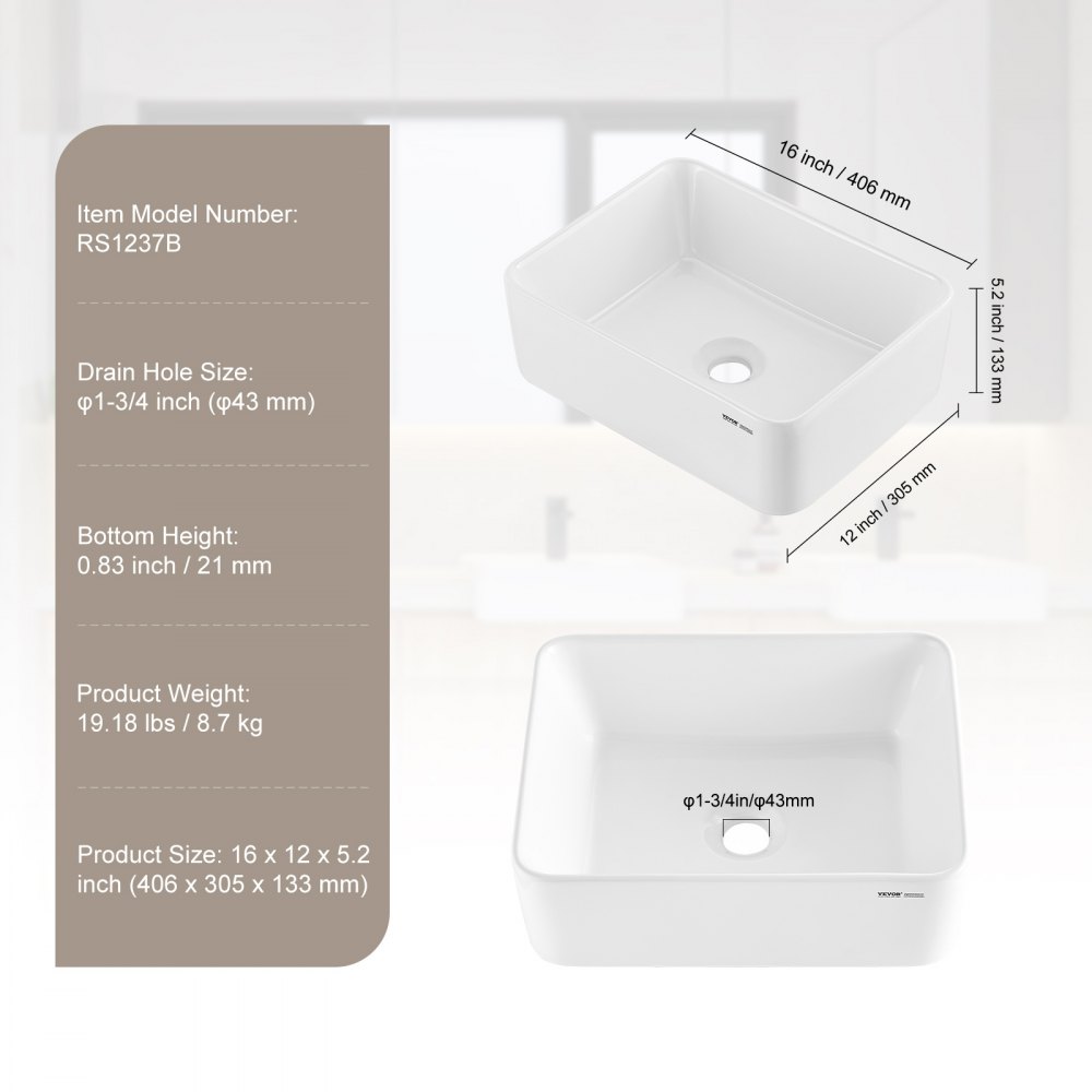 Lavabo rectangular VEVOR, lavabo de baño de 16" x 12", lavabo de cerámica blanca sobre encimera, estilo moderno, elegante y luminoso, perfecto para baño, hotel, inodoro, RV