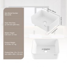 VEVOR Lavabo de Cerámica Moderno de 406 x 305 x 133 mm para Baño Encimera Blanco