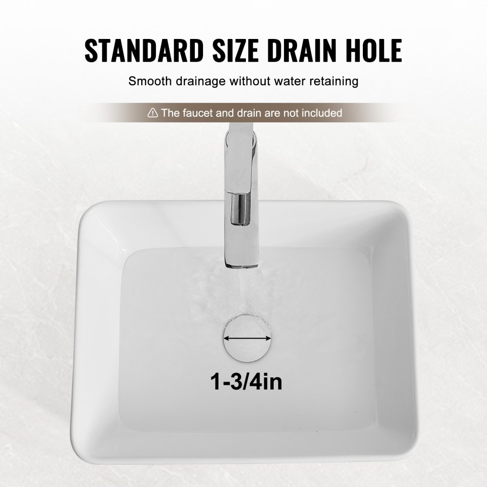 Lavabo rectangular VEVOR, lavabo de cerámica blanca para baño de 19" x 14,7", lavabo de cerámica blanca para baño sobre encimera, estilo moderno, elegante y luminoso, perfecto para baño, hotel, inodoro, RV