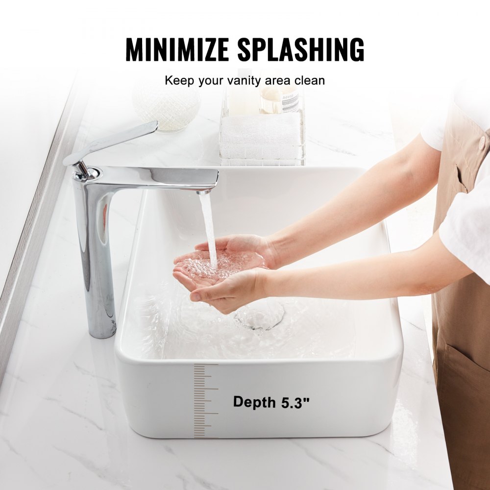 Lavabo rectangular VEVOR, lavabo de cerámica blanca para baño de 19" x 14,7", lavabo de cerámica blanca para baño sobre encimera, estilo moderno, elegante y luminoso, perfecto para baño, hotel, inodoro, RV