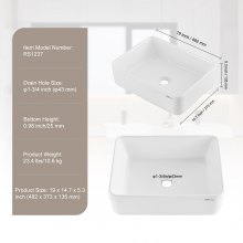 VEVOR Lavabo de Cerámica Moderno de 482 x 373 x 135 mm para Baño Encimera Blanco