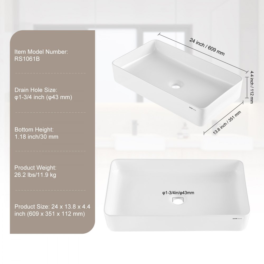 VEVOR Rechteckiges Aufsatzwaschbecken Waschbecken, 609 x 351 x 112 mm, Badezimmer-Aufsatzwaschbecken über der Theke, Keramikwaschbecken moderner Stil, für Toiletten, Hoteles, Restaurantes, helles Weiß