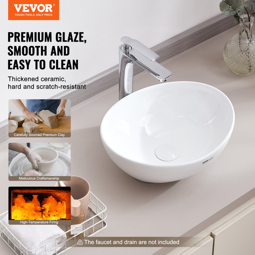 VEVOR Oval Vessel Sink, 16" x 13.4" Bathroom Vessel Sink Bowl Countertop, White Ceramic Bathroom Sinks Above Counter, Bowl Sink with Modern Style, Well-Packaged for Bathroom, Hotel, Toilet, RV