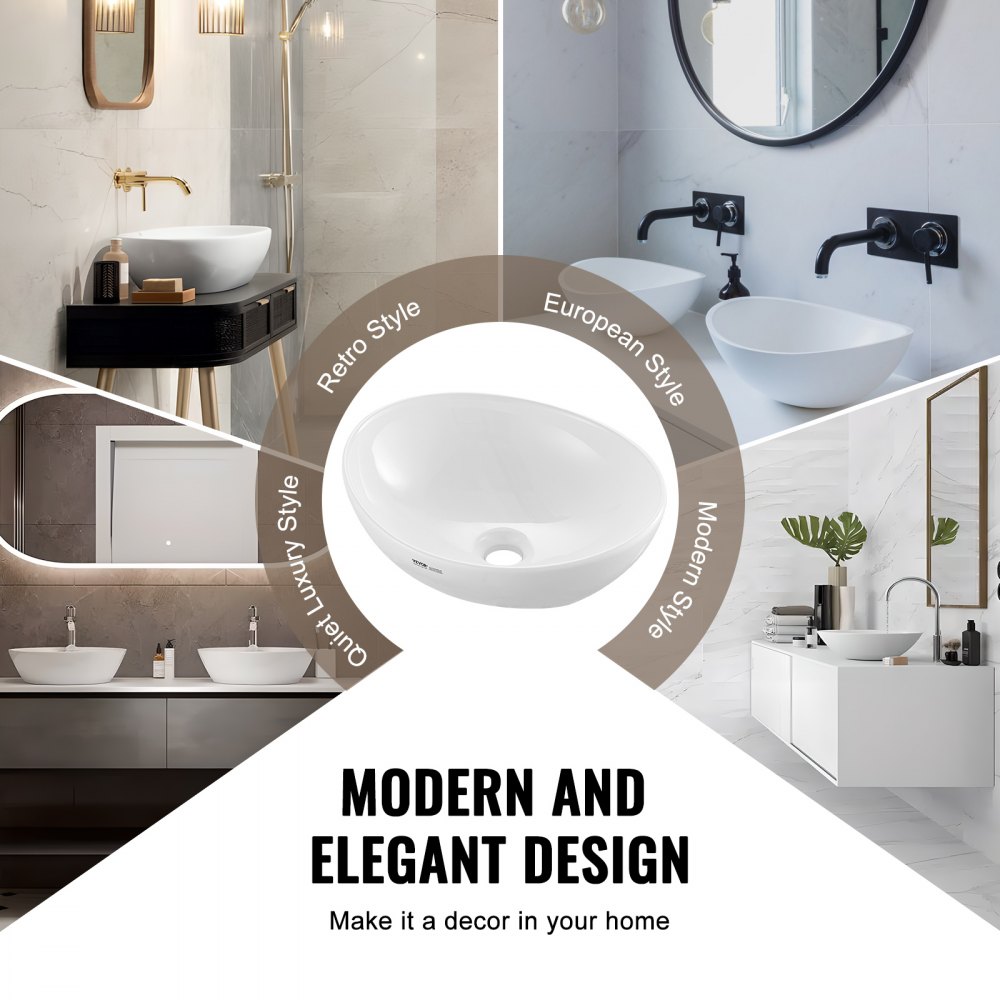 VEVOR Oval Vessel Sink, 16" x 13.4" Bathroom Vessel Sink Bowl Countertop, White Ceramic Bathroom Sinks Above Counter, Bowl Sink with Modern Style, Well-Packaged for Bathroom, Hotel, Toilet, RV